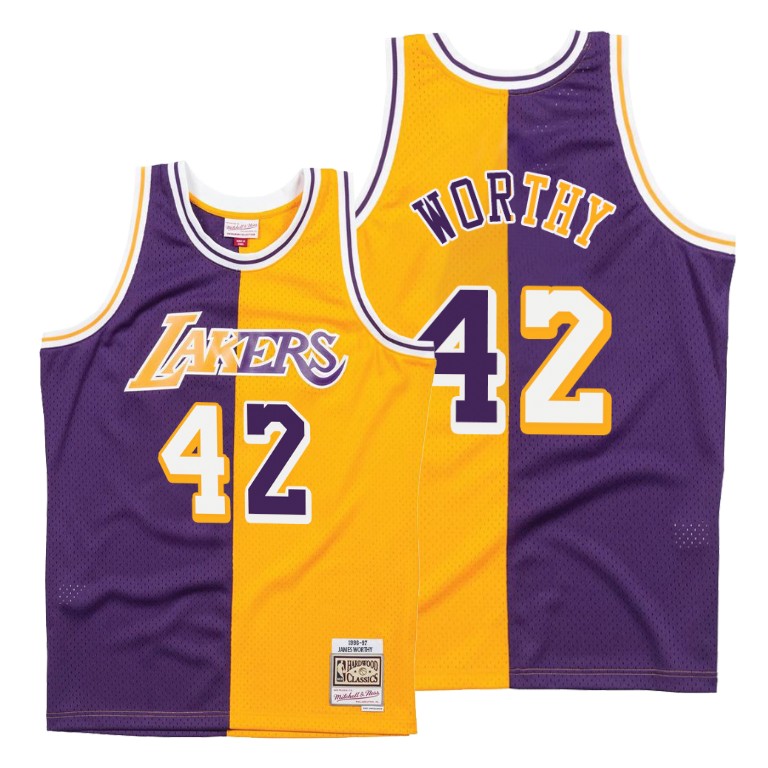 Men's Los Angeles Lakers James Worthy #42 NBA Vintage Split Edition Purple Gold Basketball Jersey ZIV6283LV